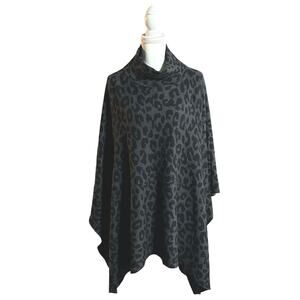 J McLaughlin One Size Garnet Poncho Dark Gray Leopard Animal Print MockNeck Knit
